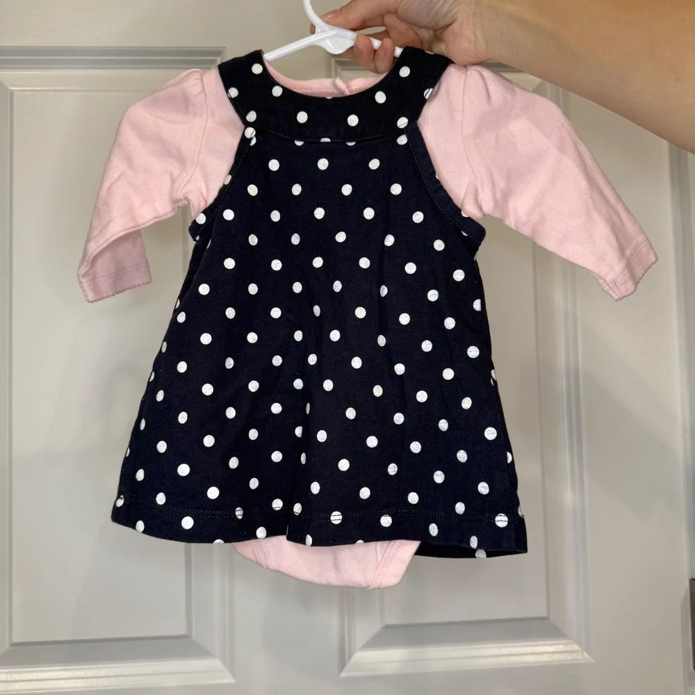 Carter's‎ Baby Girls White Polka Dot Dress W/ Long Sleeve Onesie Size 3 Months